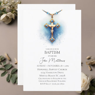 Convite Batismo Blue White Cross Boys Religiosos