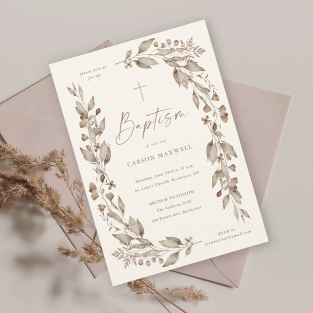 Convite Batismo Boho Floral de Flores Silvestres Neutro em (Boho wildflower elegant ivory gender neutral baptism christening invitation.)