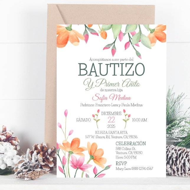 Convite Batismo Bonito e Primeiro Aniversário das Flores d (Criador carregado)