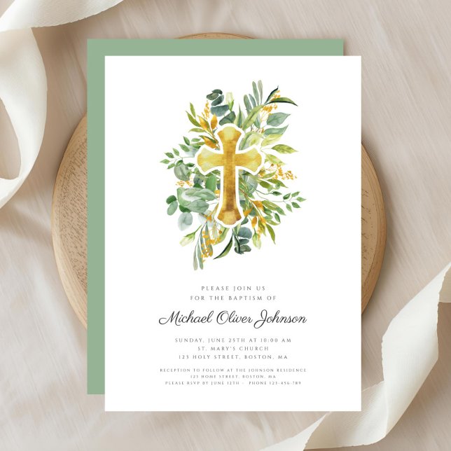 Convite Batismo Botânico Cruzado Religioso (Religious Cross Greenery Botanical Baptism Invitation)