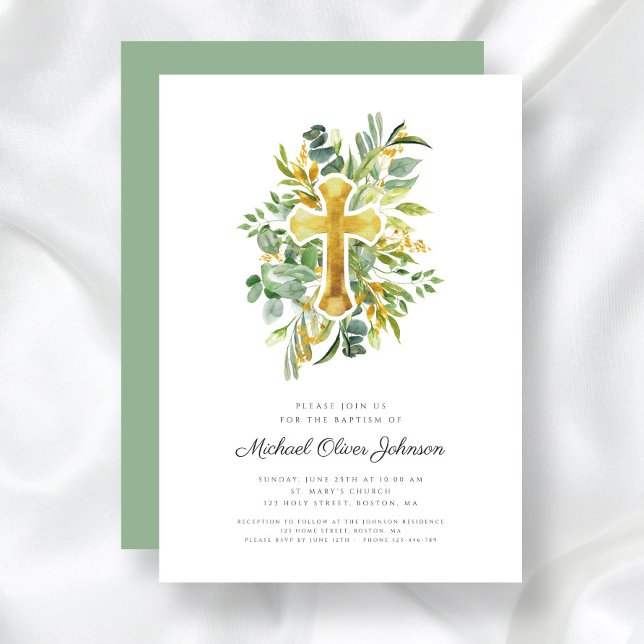 Convite Batismo Botânico Cruzado Religioso (Religious Cross Greenery Botanical Baptism Invitation)