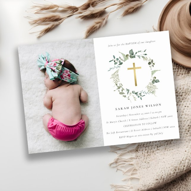 Convite Batismo Botânico Eucalyptus Cross Wreath (Criador carregado)