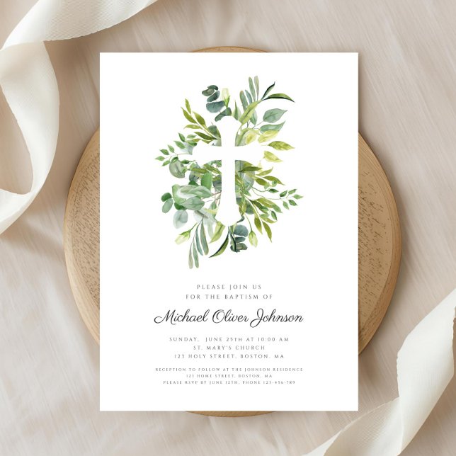 Convite Batismo Botânico Religioso Elegante (Elegant Botanical Religious Cross Baptism Invitation)