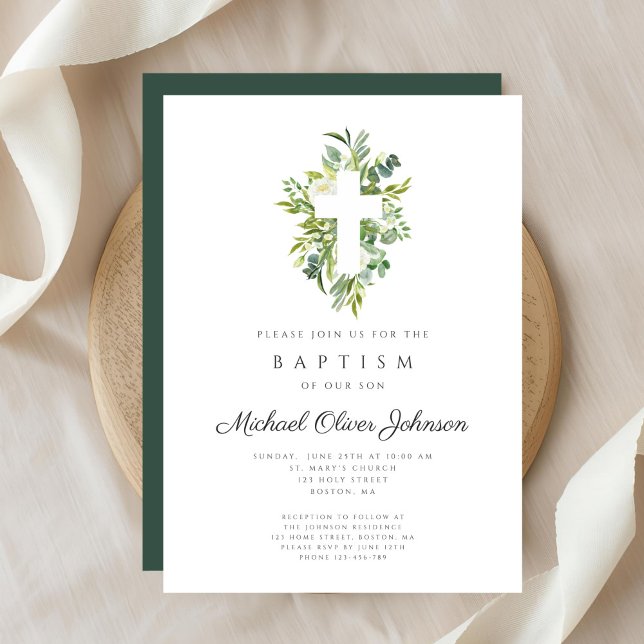 Convite Batismo Botânico Religioso Elegante (Elegant Religious Cross Botanical Baptism Invitation)