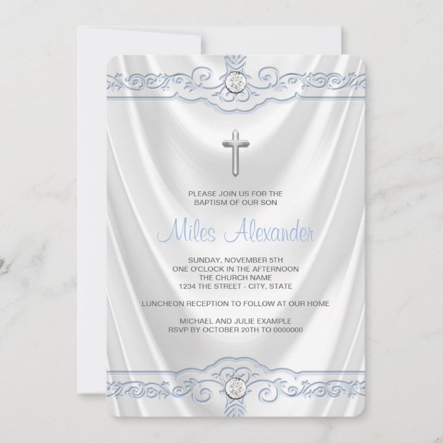 Convite Batismo branco e azul Christening White Satin (Frente)