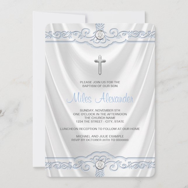 Convite Batismo Branco e Azul Cristo Branco Cetim (Frente)