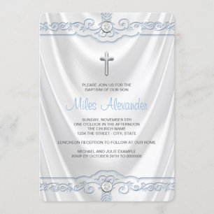 Convite Batismo Branco e Azul Cristo Branco Cetim