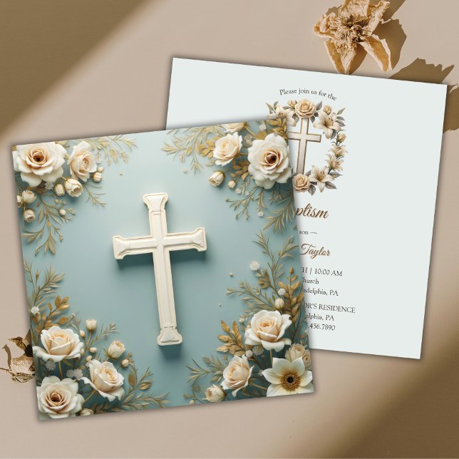 Convite Batismo católico de Rosas Brancas e Cruzadas (Cross and White Roses Catholic Baptism Christening Invitation)