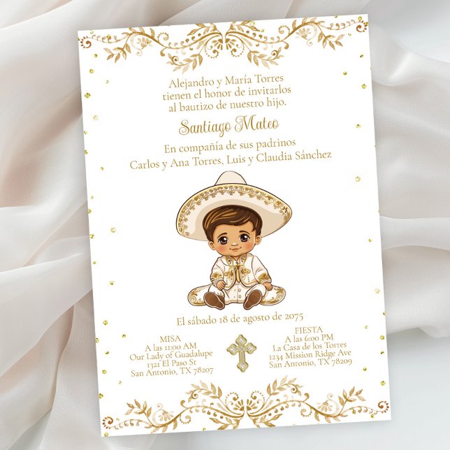 Convite Batismo Charro de Ouro Espanhol (Gold charro baptism invitation. Simply add your event details. Background color can be changed.)
