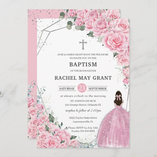 Convite Batismo Chic Pink Floral Silver Girl Christening (Frente/Verso)