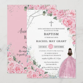 Convite Batismo Chic Pink Floral Silver Girl Christening