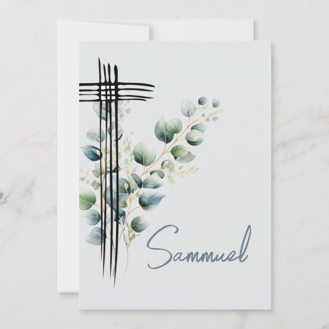 Convite Batismo Christening Boy Modern Blue Cross (Verso)