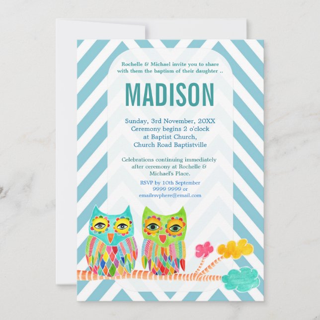 Convite Batismo Christening Chevron Rainbow Ows Invite (Frente)