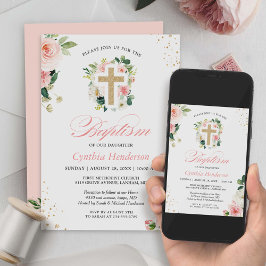 Convite Batismo Christening Dourado Blush Floral Rosa