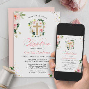 Convite Batismo Christening Dourado Blush Floral Rosa