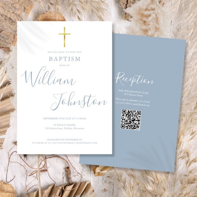 Convite Batismo Christening Dourado Cross Dusty Blue QR Co (Baptism Christening Gold Cross Dusty Blue QR Code Invitation)