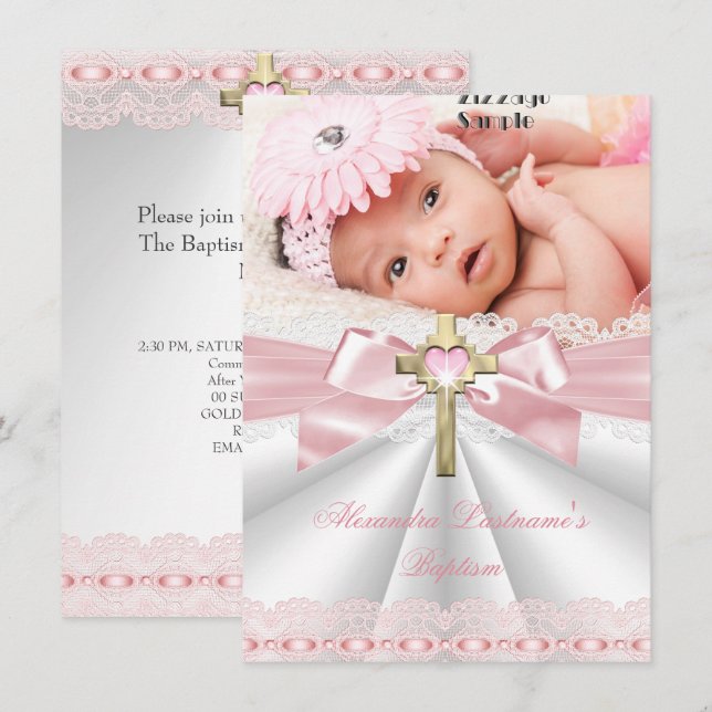 Convite Batismo Christening Dourado Cross Girls Pink (Frente/Verso)