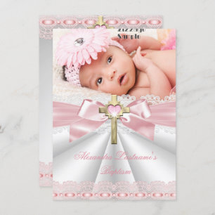 Convite Batismo Christening Dourado Cross Girls Pink