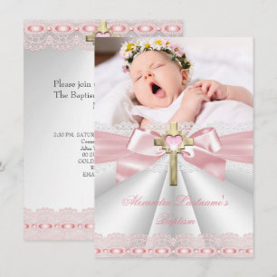 Convite Batismo Christening Dourado Cross Girls Rosa 2