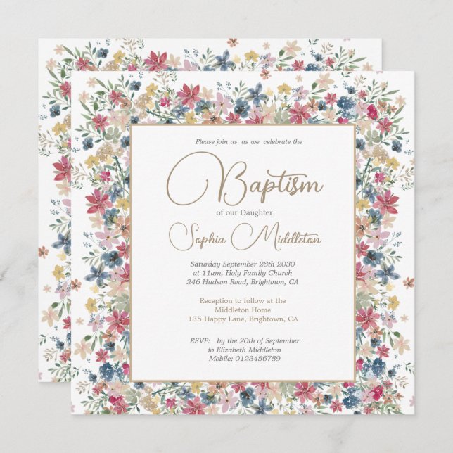 Convite Batismo Christening Elegante Floral Religioso (Frente/Verso)