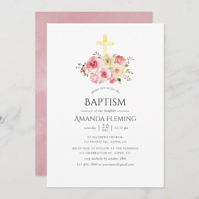 Convite Batismo/Christening Floral Cor-de-Rosa Esbranquiça (Frente/Verso)