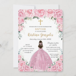 Convite Batismo Christening Girl Rosa Floral Dourada