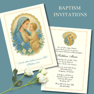 Convite Batismo Christening Mary Jesus Blue Floral