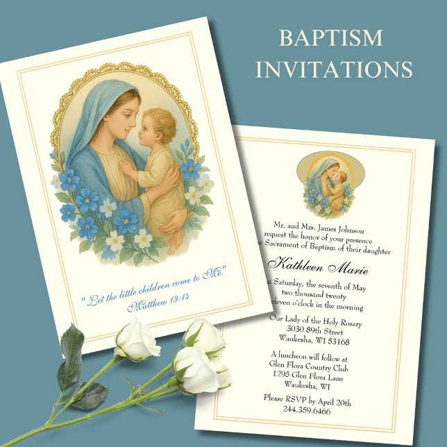 Convite Batismo Christening Mary Jesus Blue Floral (Criador carregado)