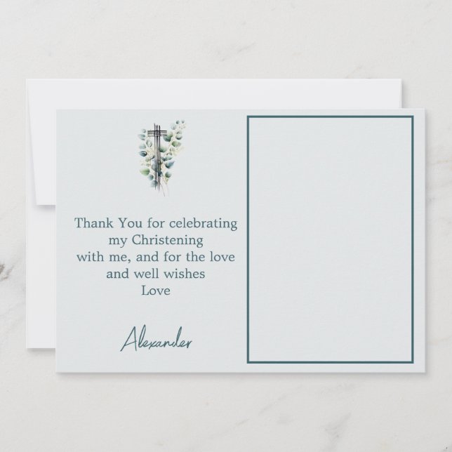 Convite Batismo Christening Modern Boy Obrigado Foto (Frente)