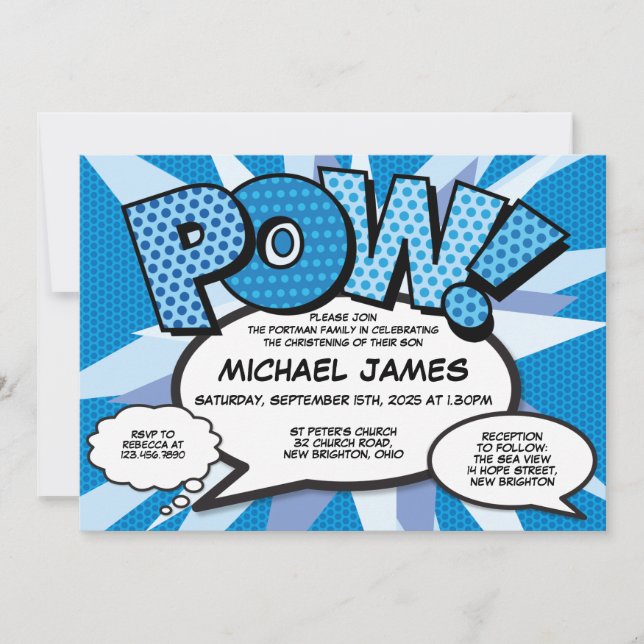 Convite Batismo Christening Modern Comic Book Blue (Frente)
