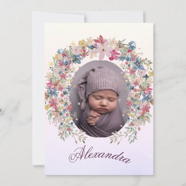 Convite Batismo Christening Photo Pink Floral Girls (Verso)