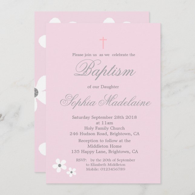 Convite Batismo Christening Pink Daisy Silver Girl (Frente/Verso)