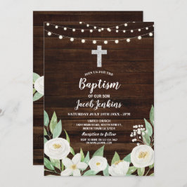 Convite Batismo Christening White Flowers Rustic Wood