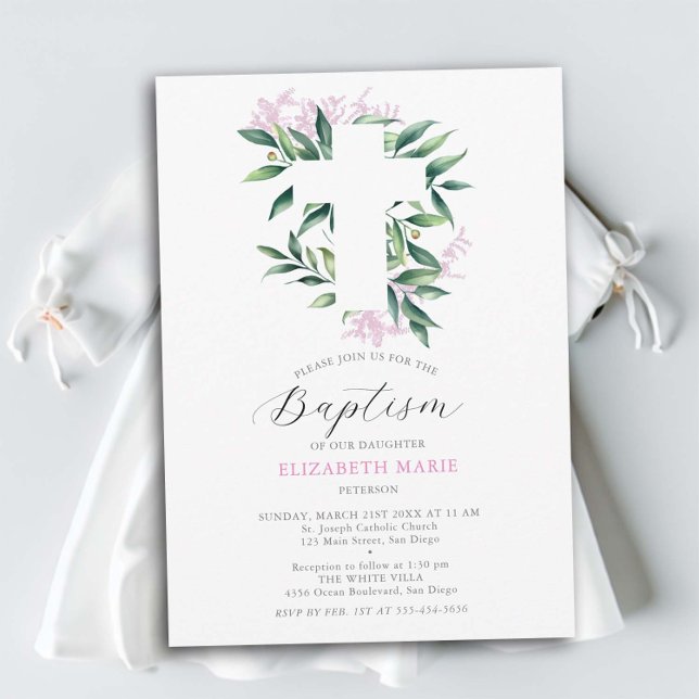Convite Batismo Cinzenta Botânica Rosa Verde (baby girl baptism invitation christening botanical greenery white cross pink floral elegant modern)