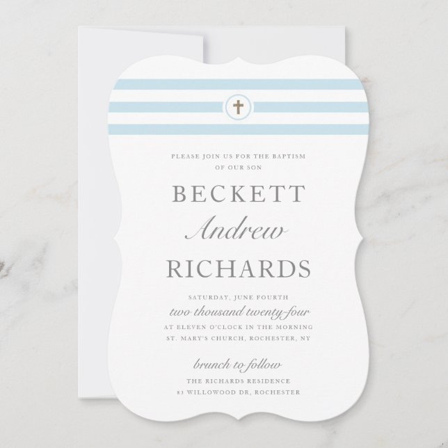 Convite Batismo Clássico de Blue Stripe (Frente)