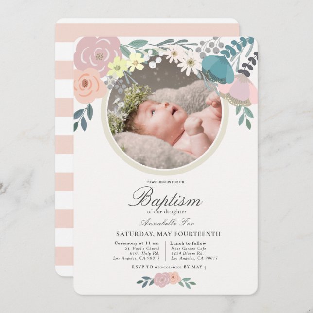 Convite Batismo com a Fotografia Floral Rosa (Frente/Verso)