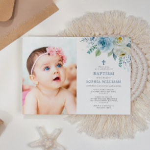 Convite Batismo com a Rosa Floral de Foto Dusty Blue