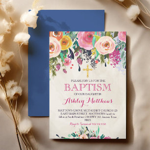 Convite Batismo com Aquarela Floral Rosa