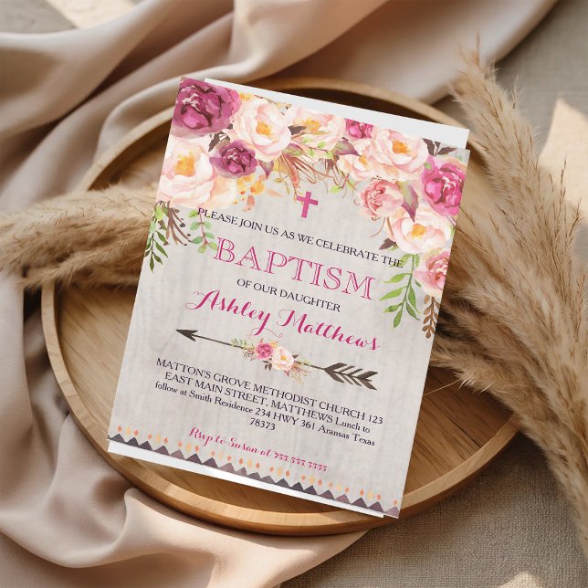 Convite Batismo com Aquarela Floral Rosa (Criador carregado)