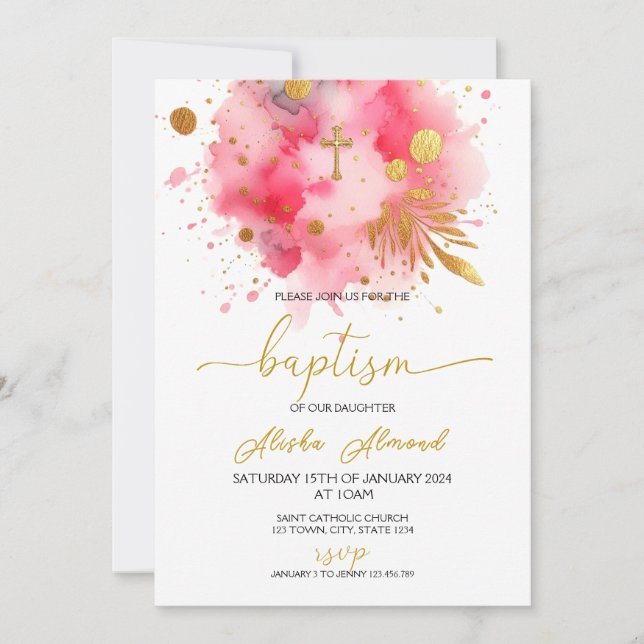 Convite Batismo com Aquarela Rosa e Dourado (Frente)