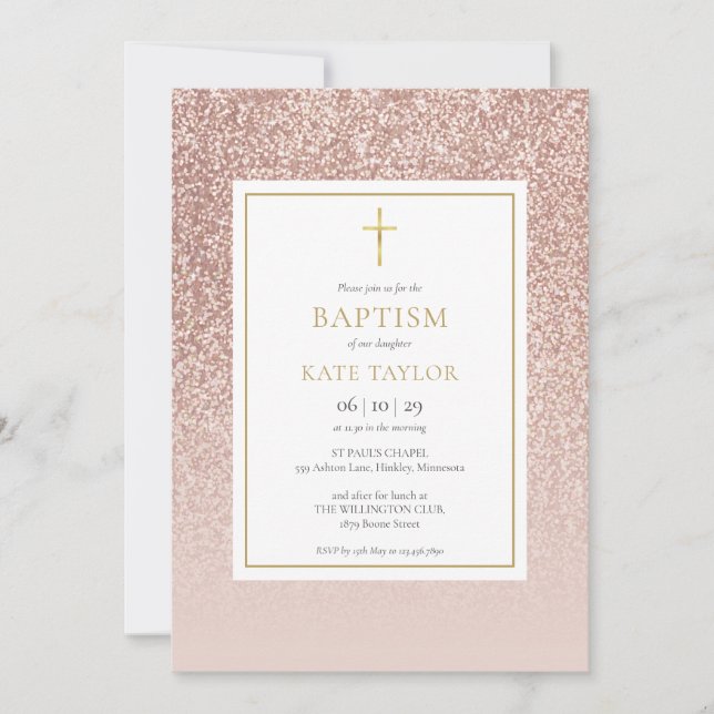 Convite Batismo com Brilho em Rose Gold (Frente)