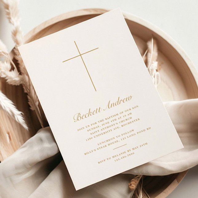 Convite Batismo com Cruz de Ouro Simples em Script (Elegant, simple cross gold baptism invitations.)