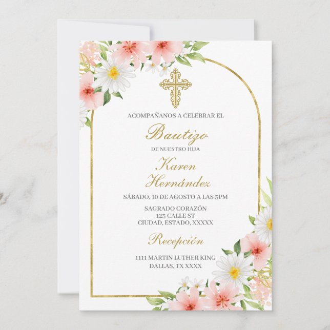 Convite Batismo com Flor primavera Espanhol (Frente)