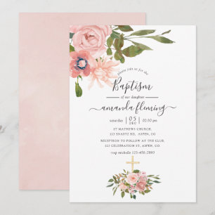 Convite Batismo com Floral em Aquarela Rosa e Dourado Rosa
