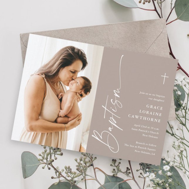 Convite Batismo com Foto Neutra em Letra Moderna e Elegant (Modern script photo baptism invitations.)