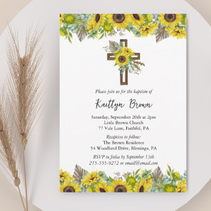 Convite Batismo com Girassóis Boho e Cruz de Madeira Rústi