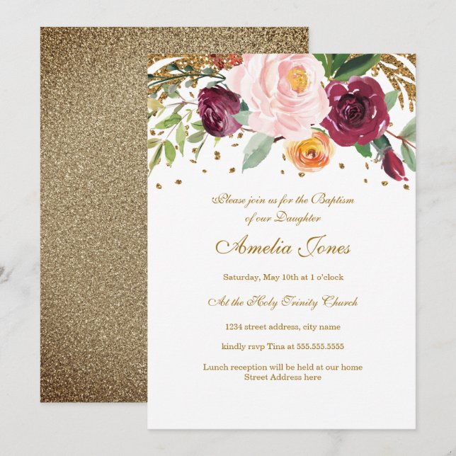 Convite Batismo com Glitter Floral Bege Borgonha (Frente/Verso)