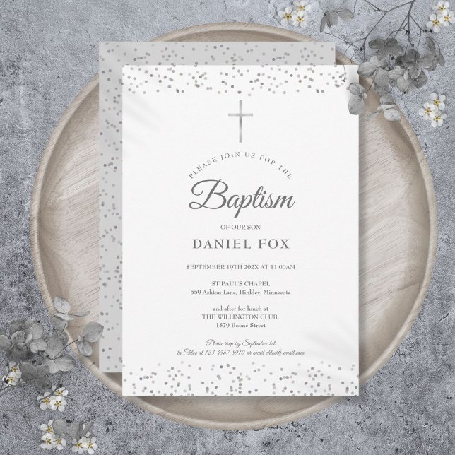 Convite Batismo com Poeira de Estrelas Prateada (Silver Stardust Baptism Christening Invitation)