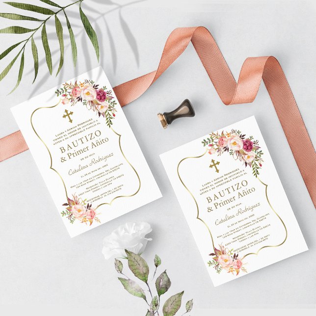 Convite Batismo com primeiro aniversario Dourado de Garota (Criador carregado)