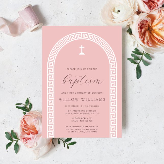 Convite Batismo com Rosa do arco-chave grego (Baptism Invitation Greek Key Pink White )